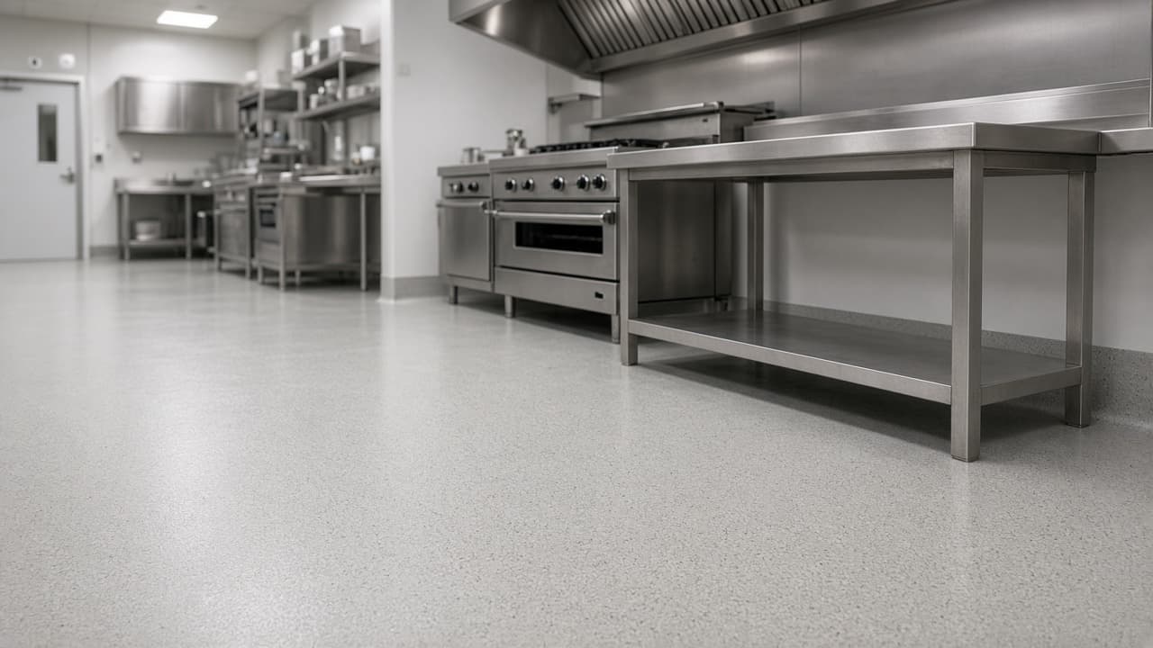 New Altro safety flooring with cap-and-cove skirting in a commercial kitchen