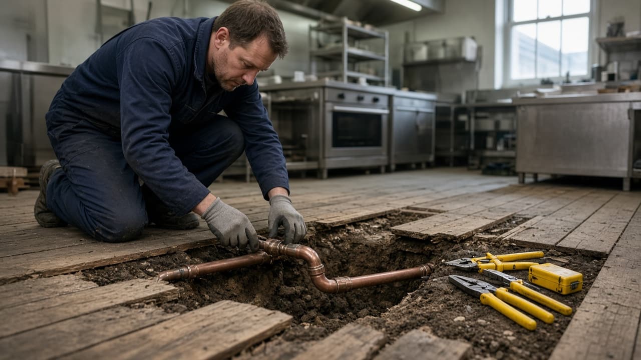 Engineer replacing a buried 54 mm copper gas main beneath a restaurant kitchen floor