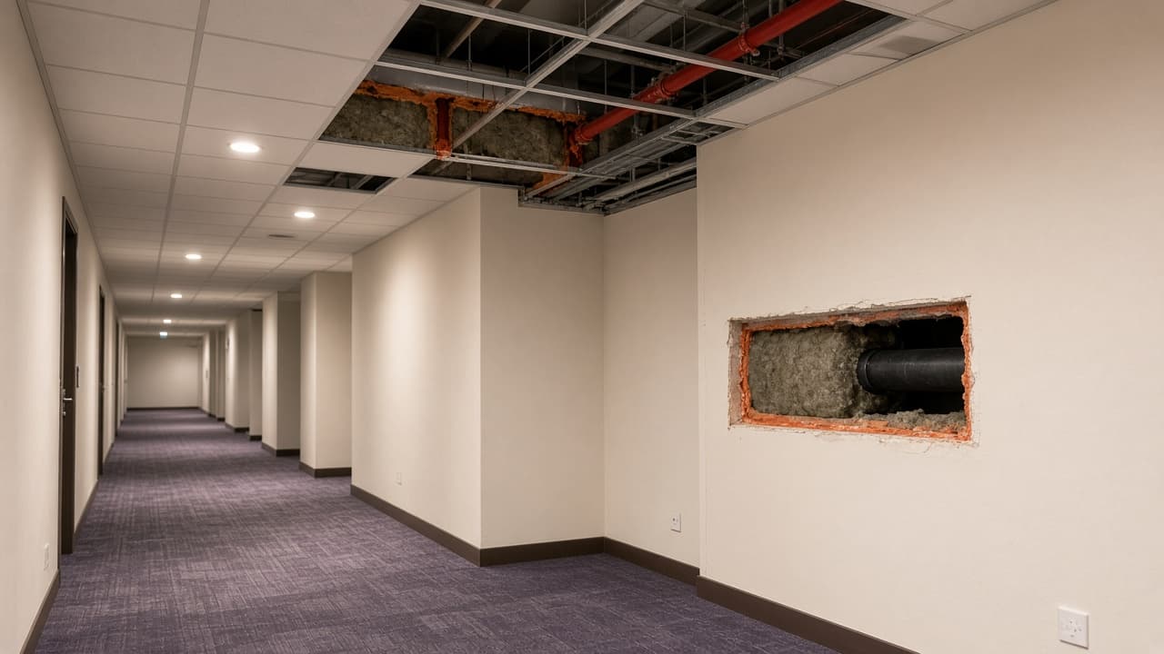 Corridor ceiling grid and fire-stopping reinstatement in a Premier Inn hotel